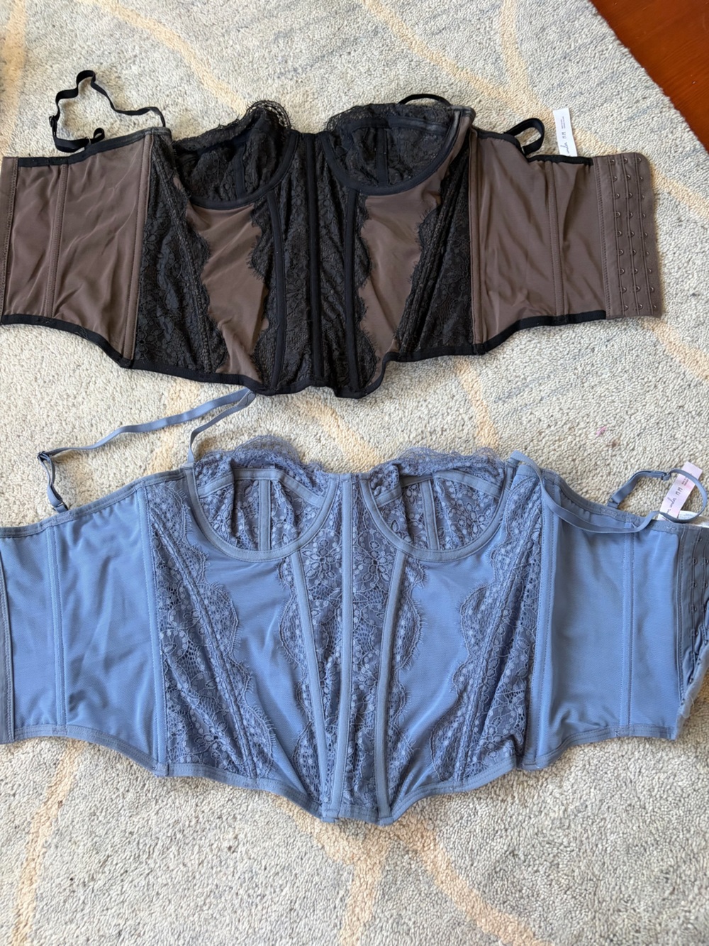 Urban Outfitters Lace-Trim Longline Bustier Bra in Black and Slate Blue